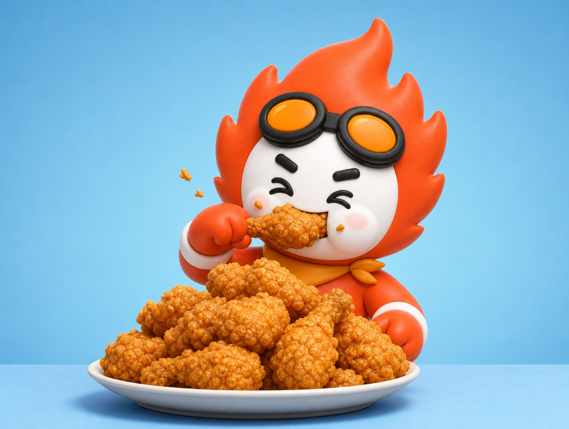 치킨 기프티콘 경품 — 파이로가 치킨을 먹는 장면